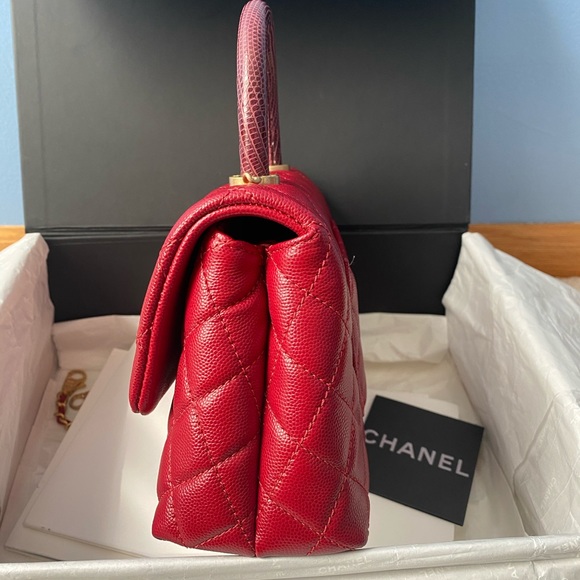 Chanel Caviar Red Mini Coco Handle Bag Lizard - Picture 2 of 12